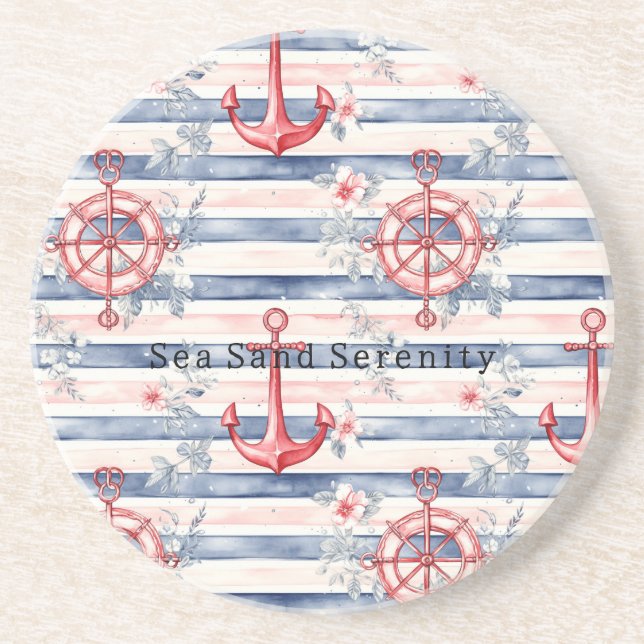 Blue Red Anchors Floral Stripes Beach Ocean Underlägg (Framsidan)