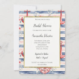 Blue Red Anchors Floral Stripes Bridal Shower Inbjudningar