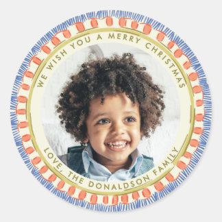 Blue Red and Green Watercolor Happy Fringe Photo Runt Klistermärke