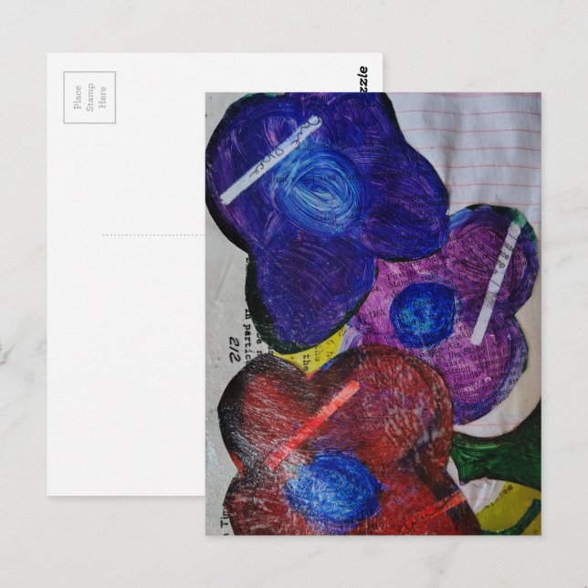 Blue Red and Purple Flowers Mixed Media Collage Vykort (Fram/baksida)