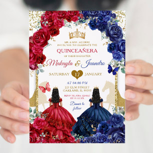 Blue Red Blommigt Elegant Twillingars Girls Quince Inbjudningar