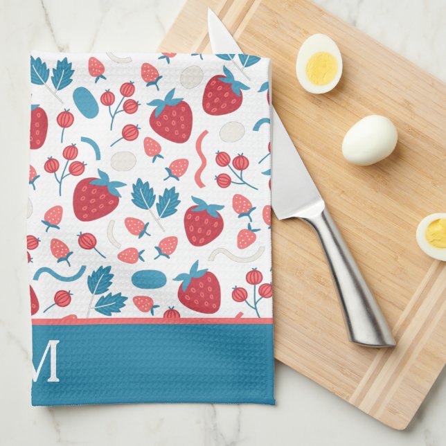 Blue Red Boho Strawberry Mönster Monogram Kökshandduk (Vikt i Fjärdedel)
