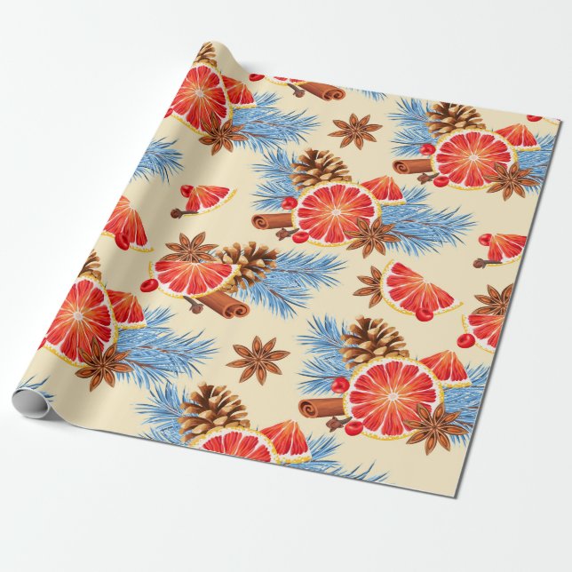 Blue Red Citrus and Spice God jul Helgdag Presentpapper (Utrullad)