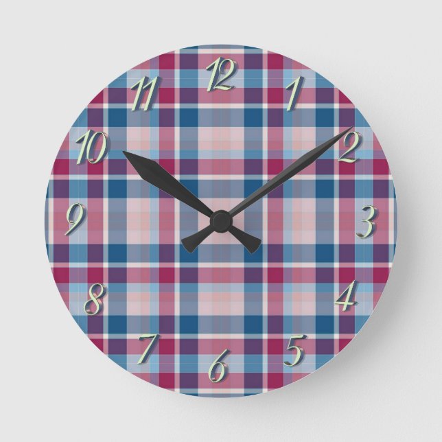 Blue Red Classic Plaid Rund Klocka (Framsida)