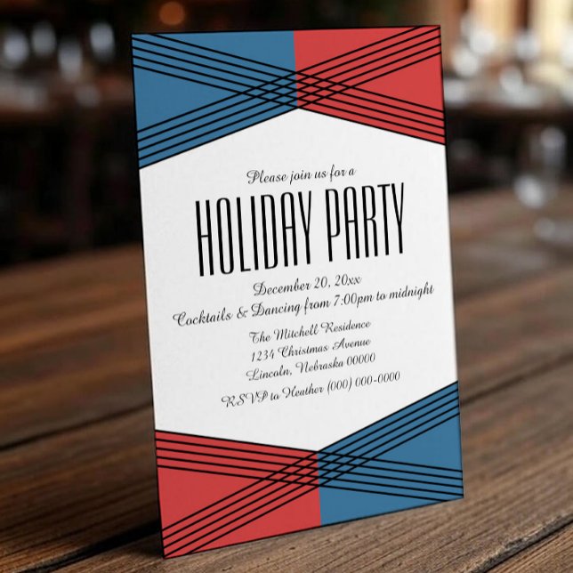 Blue Red Colorful Deco Julfest Inbjudan (Blue Red Colorful Deco Holiday Party Invite)