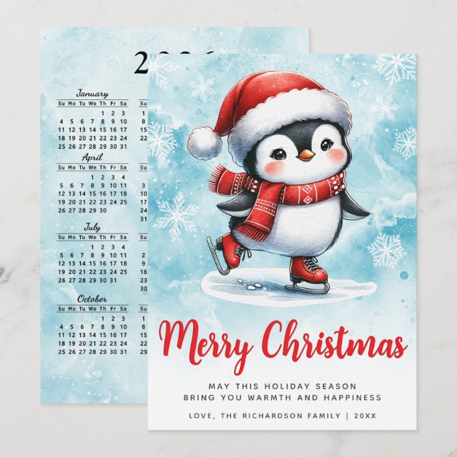 Blue Red Cute Ice Skating Penguin God jul Julkort (Fram/baksida)
