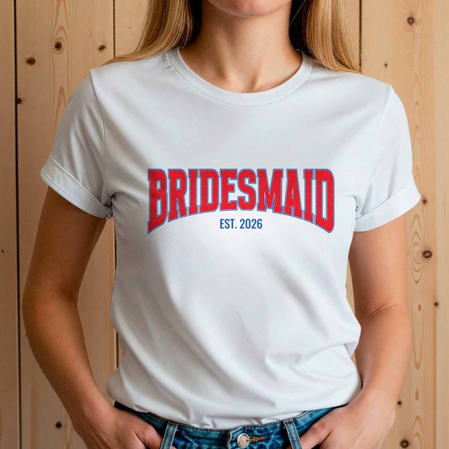 Blue + Red Faux Glitter BRIDESMAID Bachelorette T Shirt (Red faux glitter with Blue)