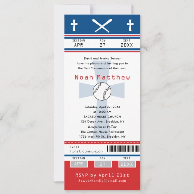 Blue Red First Communion Baseball Biljett Inbjudningar (Framsida)