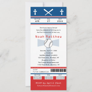 Blue Red First Communion Baseball Biljett Inbjudningar
