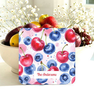 Blue Red Fruit Food Mönster Berry Cherry Underlägg Papper Kvadrat