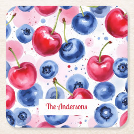 Blue Red Fruit Food Mönster Berry Cherry Underlägg Papper Kvadrat