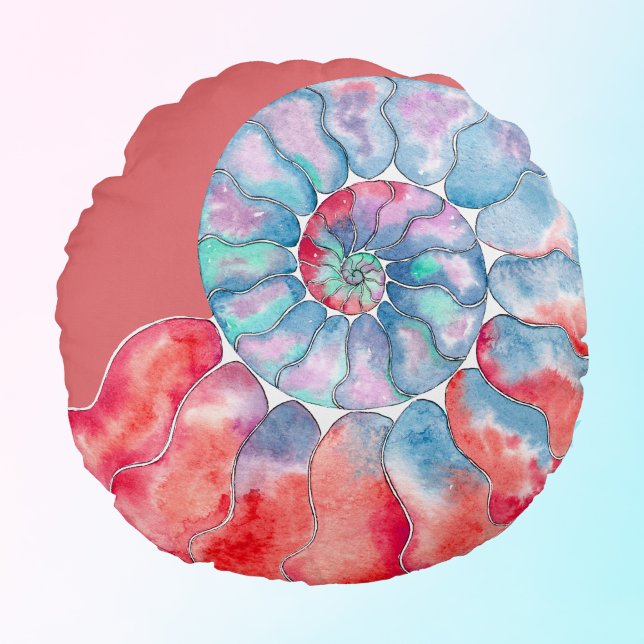 Blue Red Grått Nautilus på Coral Rund Kudde (Skapare uppladdad)