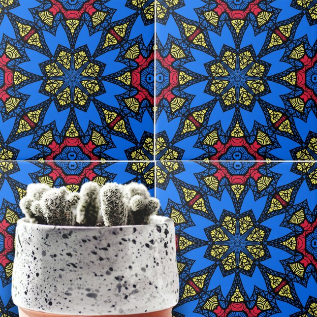 Blue Red Gult African Ethnic Geometric Mönster Kakelplatta (Skapare uppladdad)