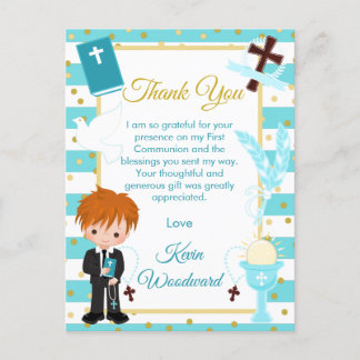 Blue Red Hair Boy First Communion Tack Vykort