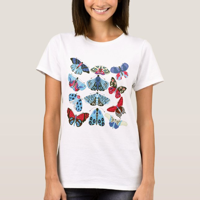 Blue Red Moth och Butterfly T-Shirt (Framsida)
