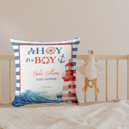 Blue Red Nautical Ahoy Boy Lighthouse Baby Shower Kudde