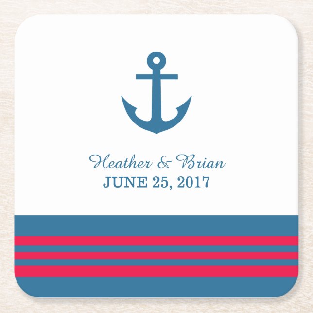 Blue Red Nautical Anchor Bröllop Pappra Underlägg Papper Kvadrat (Framsidan)