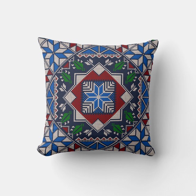 Blue,Red och Grönt Tatreez Mönster Kudde (Framsida)