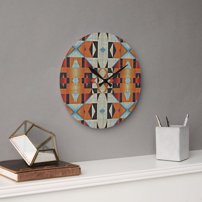 Blue Red Orange Taupe Brown Black Tribal Art Stor Klocka (Kontor)