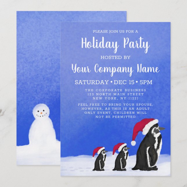 Blue Red Penguin Santa Family Corporate Helgdag Inbjudningar (Fram/baksida)