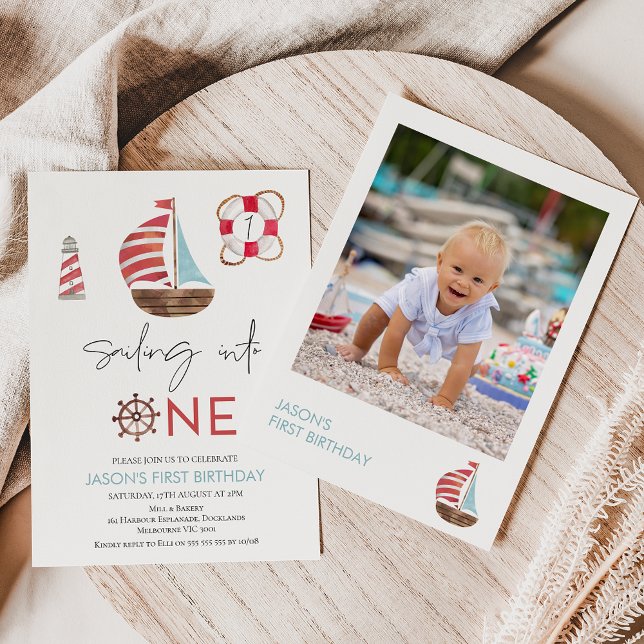 Blue Red Photo Nautical Segelbåt 1:a födelsedagen Inbjudningar (Sweet nautical themed sailing into one 1st birthday invitation with a photo on the back.)