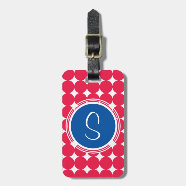 Blue & Red Polka Dot Monogram Bagagebricka (Vertikal Framsida)