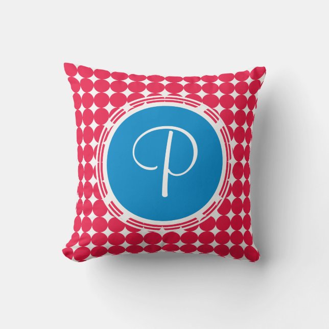 Blue & Red Polka Dot Monogram Kudde (Framsida)