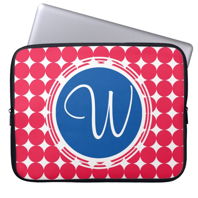 Blue & Red Polka Dot Monogram Laptop Fodral (Framsidan)