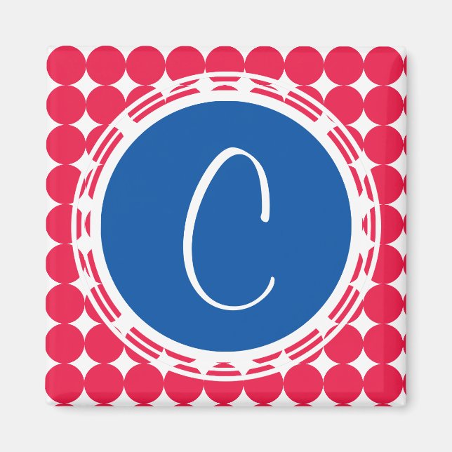 Blue & Red Polka Dot Monogram Magnet (Framsidan)