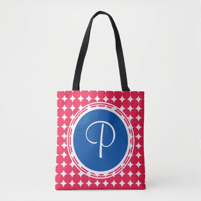 Blue & Red Polka Dot Monogram Tygkasse (Framsida)