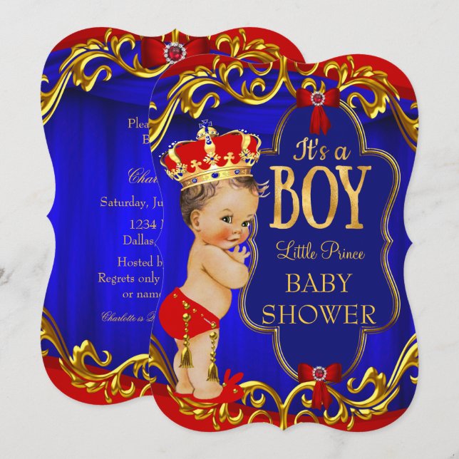 Blue Red Royal Boy Prince Baby Shower Inbjudningar (Fram/baksida)
