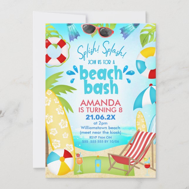 Blue Red Summer Beach Bash Birthday Inbjudningar (Framsida)