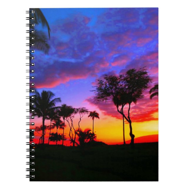 Blue Red Sunset Exotic Hawaiian Beach Handflatan T Anteckningsbok Med Spiral (Framsidan)