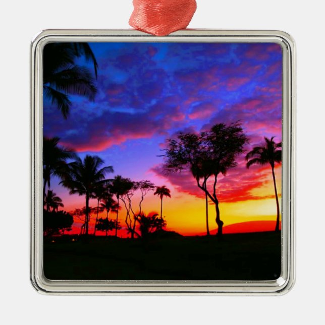 Blue Red Sunset Exotic Hawaiian Beach Handflatan T Julgransprydnad Metall (Framsidan)