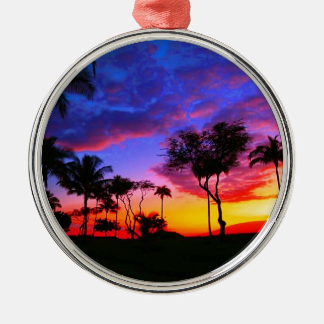 Blue Red Sunset Exotic Hawaiian Beach Handflatan T Julgransprydnad Metall (Framsidan)