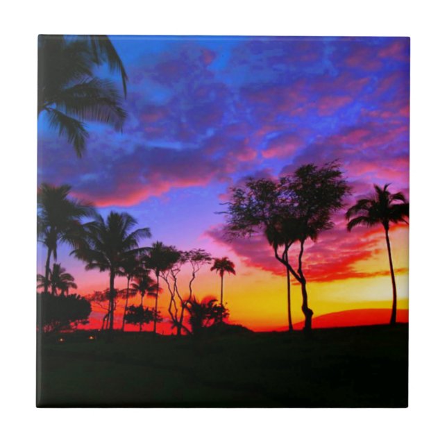 Blue Red Sunset Exotic Hawaiian Beach Handflatan T Kakelplatta (Framsidan)