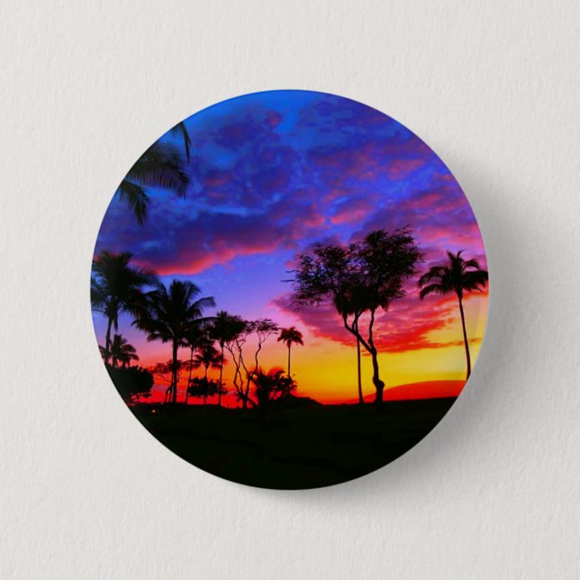 Blue Red Sunset Exotic Hawaiian Beach Handflatan T Knapp (Framsida)