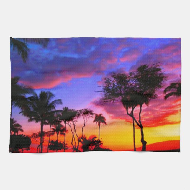 Blue Red Sunset Exotic Hawaiian Beach Handflatan T Kökshandduk (Horisontell)