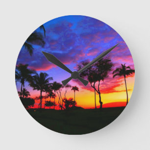 Blue Red Sunset Exotic Hawaiian Beach Handflatan T Rund Klocka