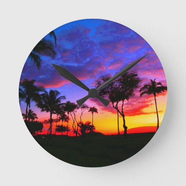 Blue Red Sunset Exotic Hawaiian Beach Handflatan T Rund Klocka (Framsida)