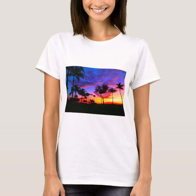 Blue Red Sunset Exotic Hawaiian Beach Handflatan T Shirt (Framsida)