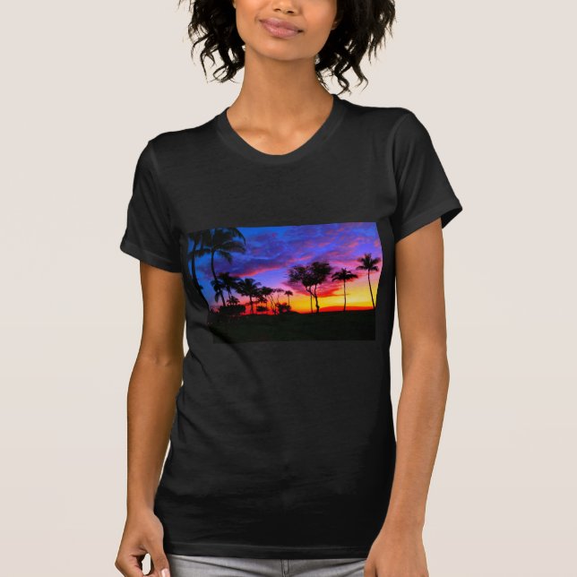 Blue Red Sunset Exotic Hawaiian Beach Handflatan T Tee Shirt (Framsida)