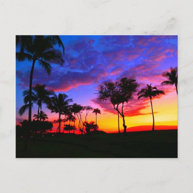 Blue Red Sunset Exotic Hawaiian Beach Handflatan T Vykort (Framsida)