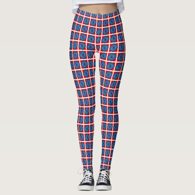 Blue Red Swirl Abstrakt Mönster Leggings (Framsida)