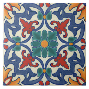Blue Red Teal Gult White Azulejos Mönster Kakelplatta