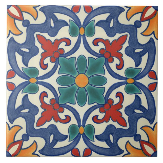 Blue Red Teal Gult White Azulejos Mönster Kakelplatta (Framsidan)