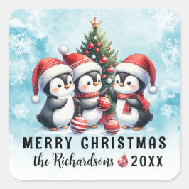 Blue Red Three Roligt Penguins God jul Fyrkantigt Klistermärke