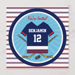 Blue Red White Ice Hockey Jersey Födelsedagsfest Inbjudningar