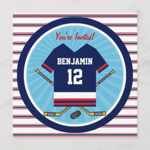 Blue Red White Ice Hockey Jersey Födelsedagsfest Inbjudningar