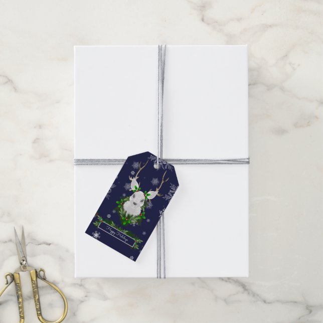 Blue Reindeer Gift-Märkre Presentetikett (Med Snöre)